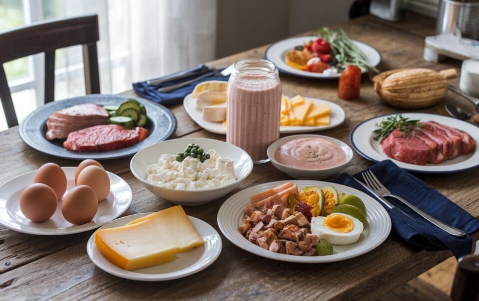 A rustic wooden table set with assorted foods: plates of cheese, eggs, and milk as top protein sources, cucumbers, tomatoes, avocado, slices of meat, asparagus, and a jar of smoothie. The setting suggests a hearty breakfast or brunch.