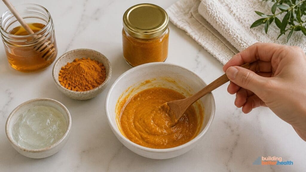 A hand stirs a golden-yellow paste in a bowl, surrounded by jars of honey, turmeric powder, another diy face mask paste, and folded towels on a marble surface.