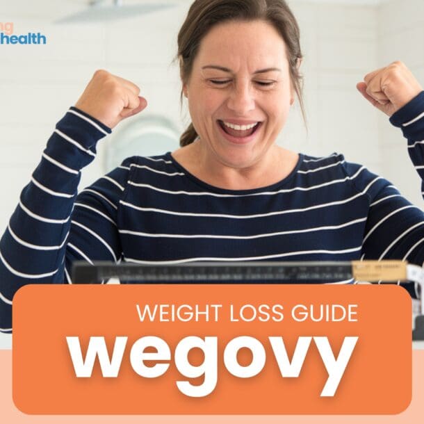 Woman losing weight with GLP-1 medication, Wegovy.