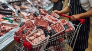 A person in a black and white striped apron pushes a shopping cart brimming with assorted packaged steaks and chops, all while considering how to save money on meat. In the background, a well-stocked meat display counter offers even more tempting options.