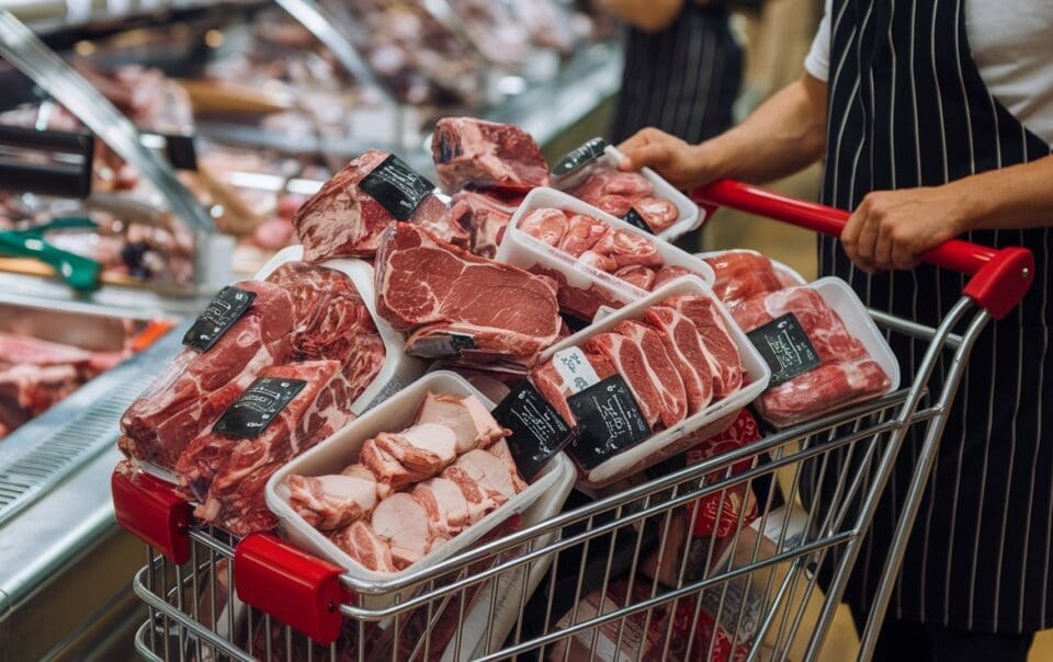A person in a black and white striped apron pushes a shopping cart brimming with assorted packaged steaks and chops, all while considering how to save money on meat. In the background, a well-stocked meat display counter offers even more tempting options.