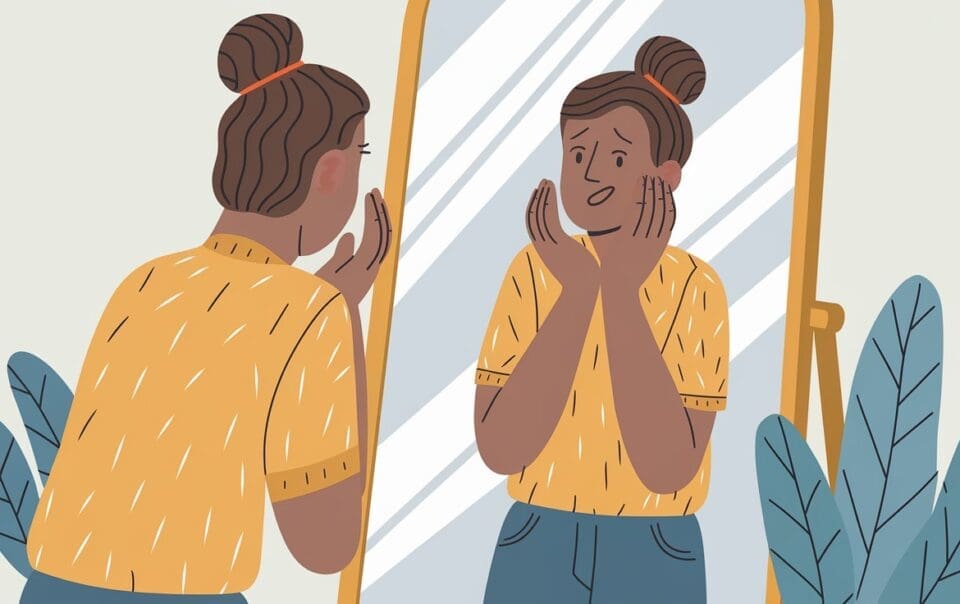 Illustration of a person with a bun hairstyle, wearing a yellow shirt, looking worried at their reflection in a mirror. Emphasizing daily mental health tips, the person holds their face with both hands. Green leafy plants beside the mirror add a touch of calmness.
