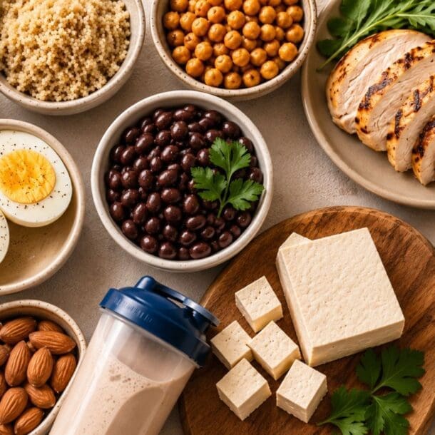 A variety of high-protein foods, perfect for reaching your protein goals, including grilled chicken, eggs, black beans, chickpeas, tofu, cottage cheese, tuna, almonds, pasta, quinoa, and a protein shake arranged in bowls and plates on a table.