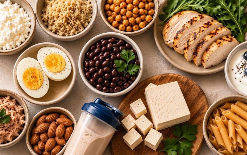 A variety of high-protein foods, perfect for reaching your protein goals, including grilled chicken, eggs, black beans, chickpeas, tofu, cottage cheese, tuna, almonds, pasta, quinoa, and a protein shake arranged in bowls and plates on a table.