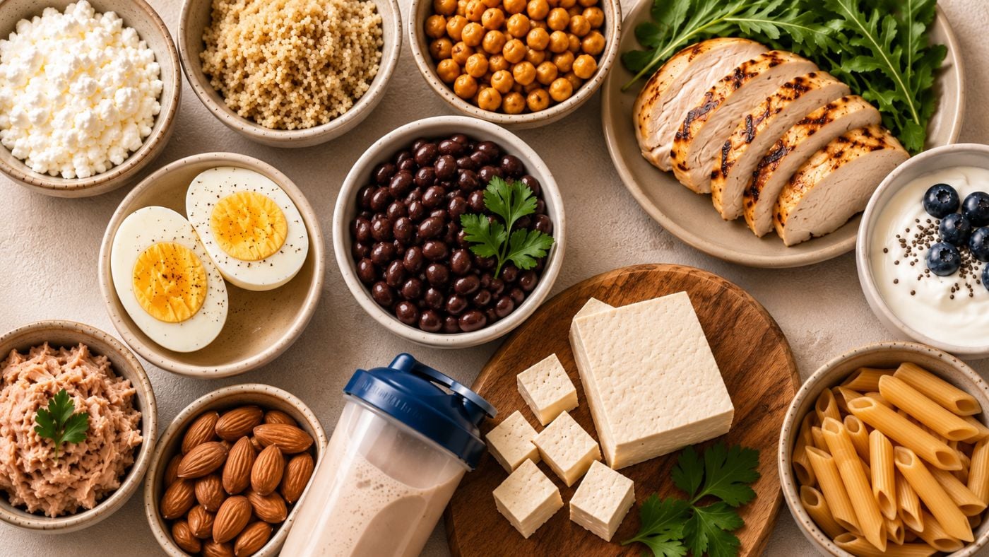 A variety of high-protein foods, perfect for reaching your protein goals, including grilled chicken, eggs, black beans, chickpeas, tofu, cottage cheese, tuna, almonds, pasta, quinoa, and a protein shake arranged in bowls and plates on a table.