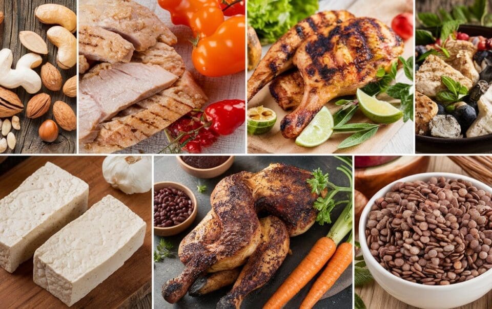 A vibrant collage of protein-rich foods designed to meet your protein goals, featuring nuts, seeds, grilled chicken breast, roasted drumsticks, tofu blocks, grilled fish, and a bowl of lentils, all surrounded by fresh tomatoes, carrots, garlic, and herbs.