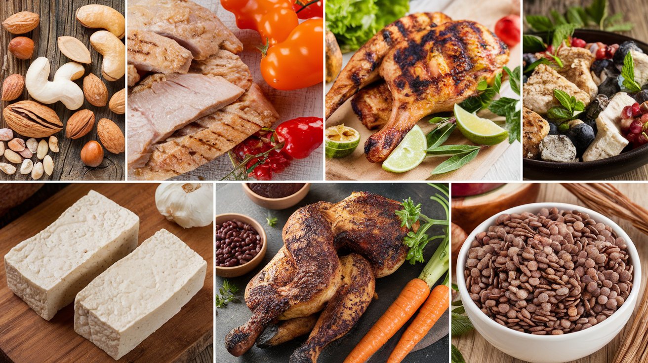 A vibrant collage of protein-rich foods designed to meet your protein goals, featuring nuts, seeds, grilled chicken breast, roasted drumsticks, tofu blocks, grilled fish, and a bowl of lentils, all surrounded by fresh tomatoes, carrots, garlic, and herbs.