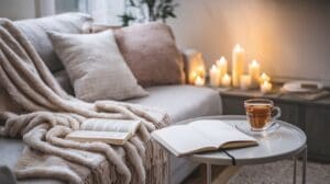 Cozy living room with a soft beige sofa draped in a fuzzy blanket and cushions. An open book lies nearby, perfect for a Self Care Sunday. A small round table holds another open book and a cup of tea. Lit candles line the background, creating a warm ambiance.