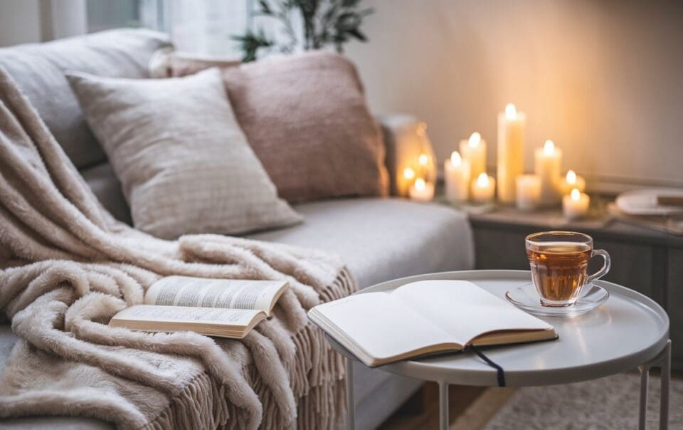 Cozy living room with a soft beige sofa draped in a fuzzy blanket and cushions. An open book lies nearby, perfect for a Self Care Sunday. A small round table holds another open book and a cup of tea. Lit candles line the background, creating a warm ambiance.