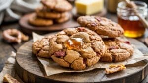 Close-up of freshly baked cookies with chunks of bacon and a drizzle of honey on top, placed on a paper-lined wooden board. Blurred background with a jar of honey and a block of butter. Rustic setting.