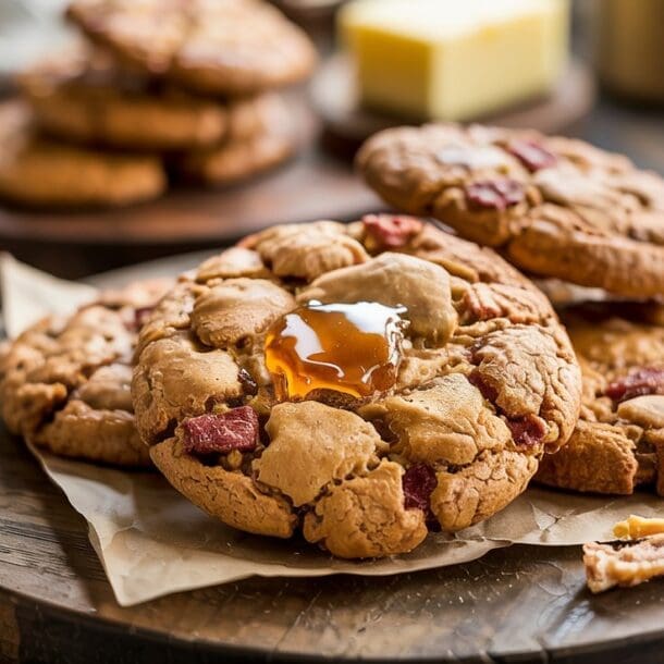 Close-up of freshly baked cookies with chunks of bacon and a drizzle of honey on top, placed on a paper-lined wooden board. Blurred background with a jar of honey and a block of butter. Rustic setting.