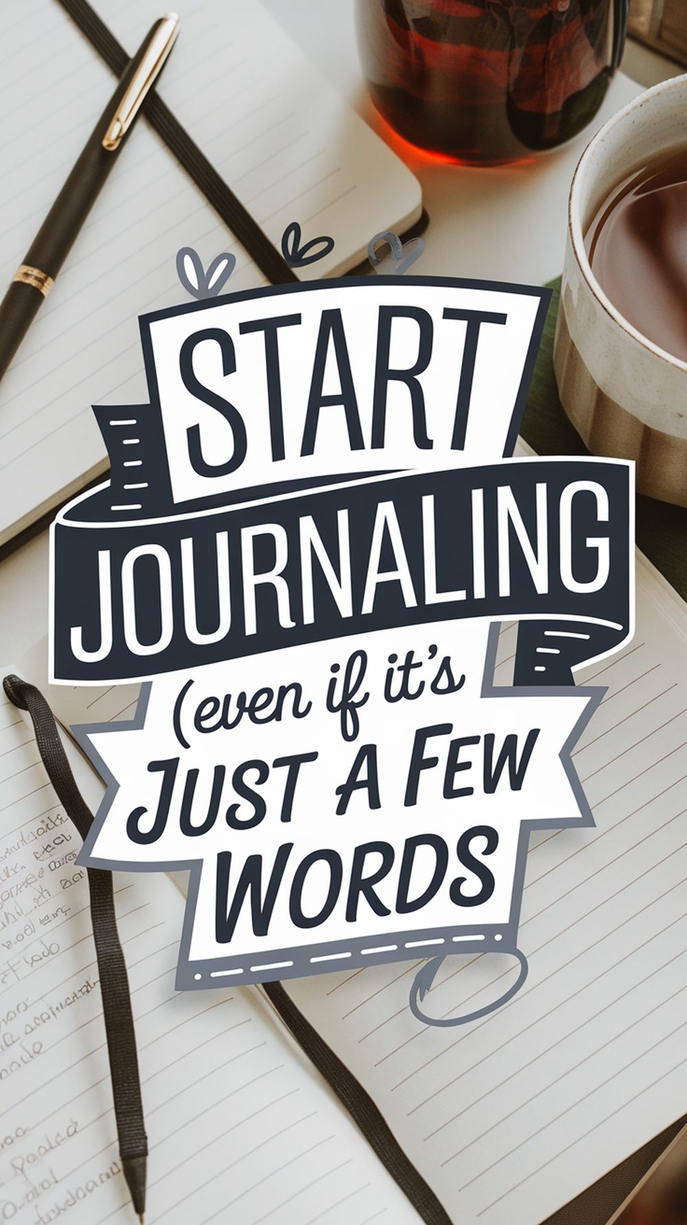 A text overlay on a background of an open notebook with a pen and coffee cup. The text reads, Start Journaling (even if its just a few words), promoting simple habits that improve mental health as part of your daily routine.