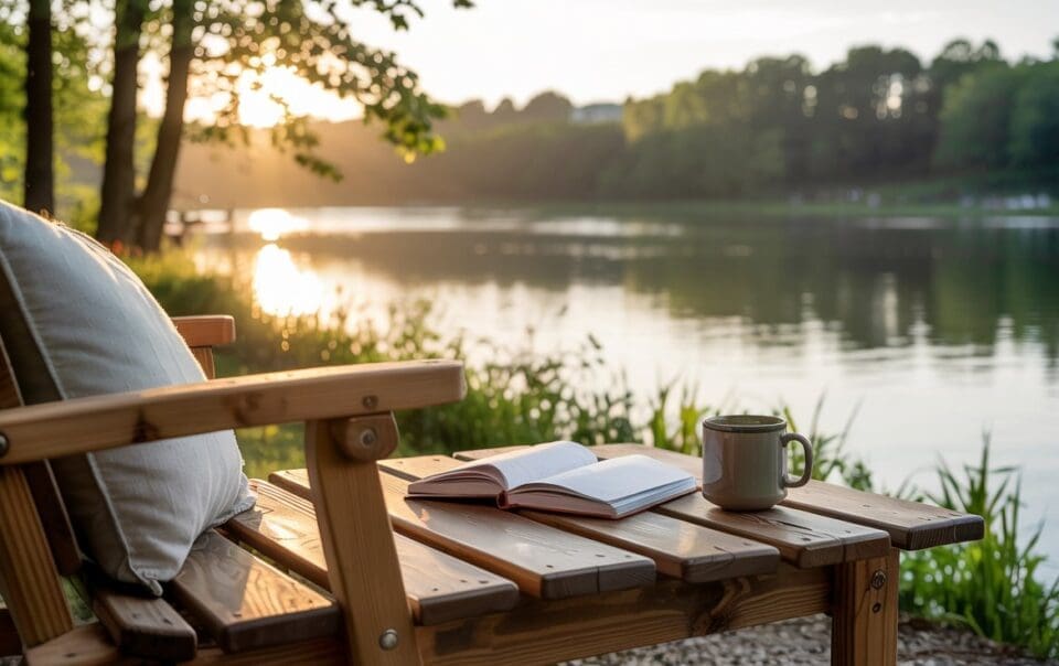 A wooden bench with a cushion and an open book sits beside a tranquil lake at sunrise, inviting moments of reflection and mindfulness questions. A mug rests nearby as sunlight filters through trees, reflecting on the calm water.