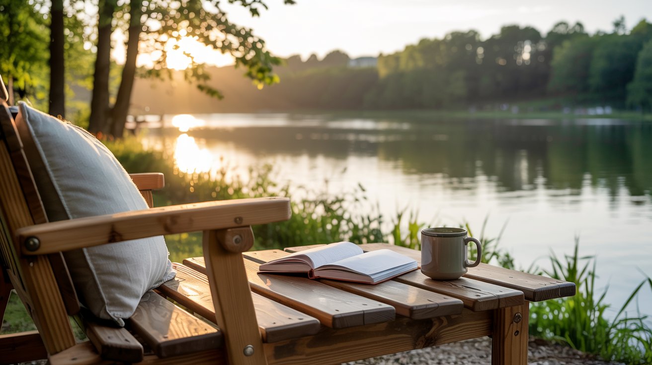 A wooden bench with a cushion and an open book sits beside a tranquil lake at sunrise, inviting moments of reflection and mindfulness questions. A mug rests nearby as sunlight filters through trees, reflecting on the calm water.