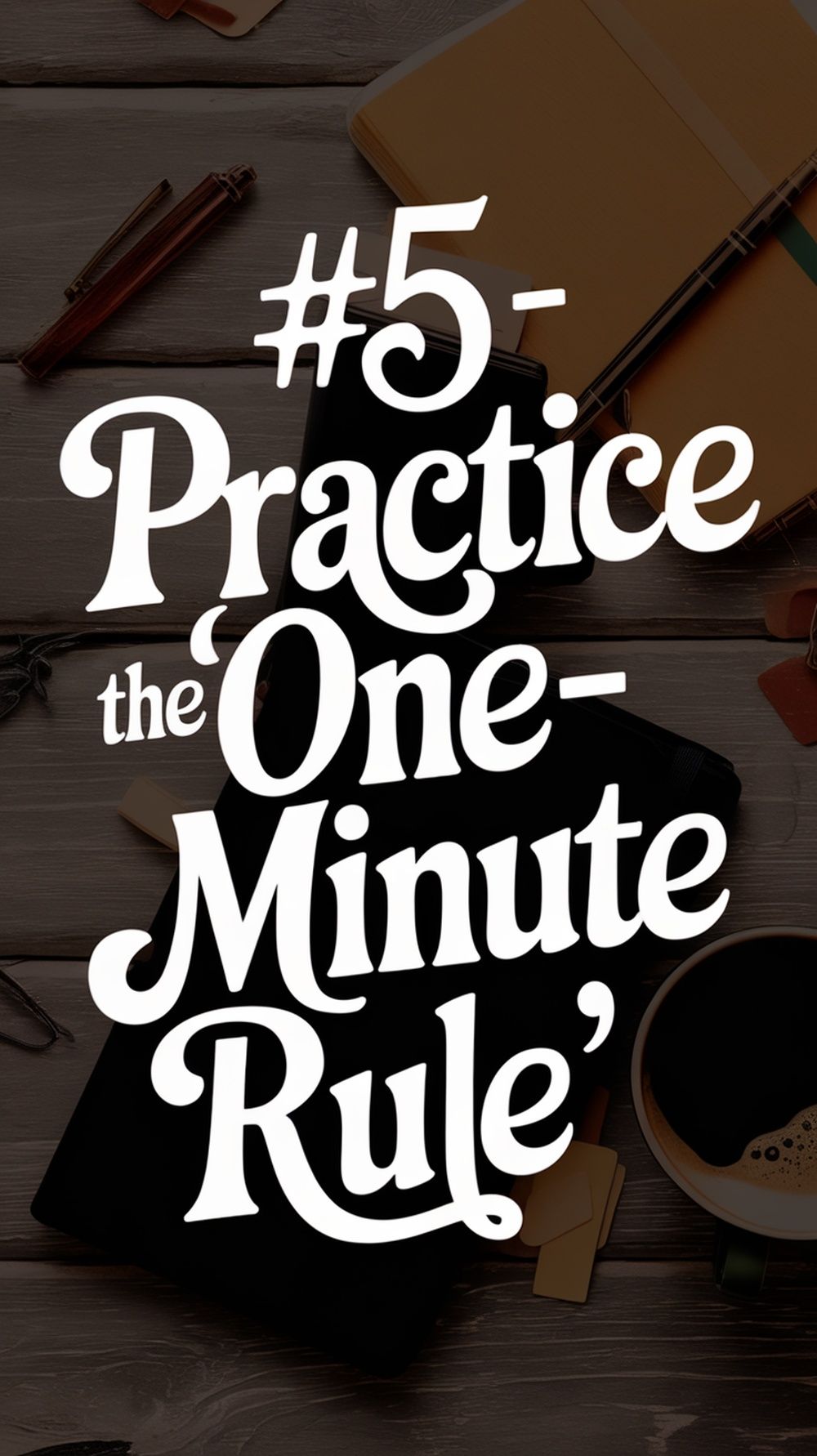 Text overlay on an image of a desk with pens, a notebook, and a cup of coffee reads: #5 - Practice the One-Minute Rule. This simple habit can improve mental health. The background has a wooden texture with office items scattered around.