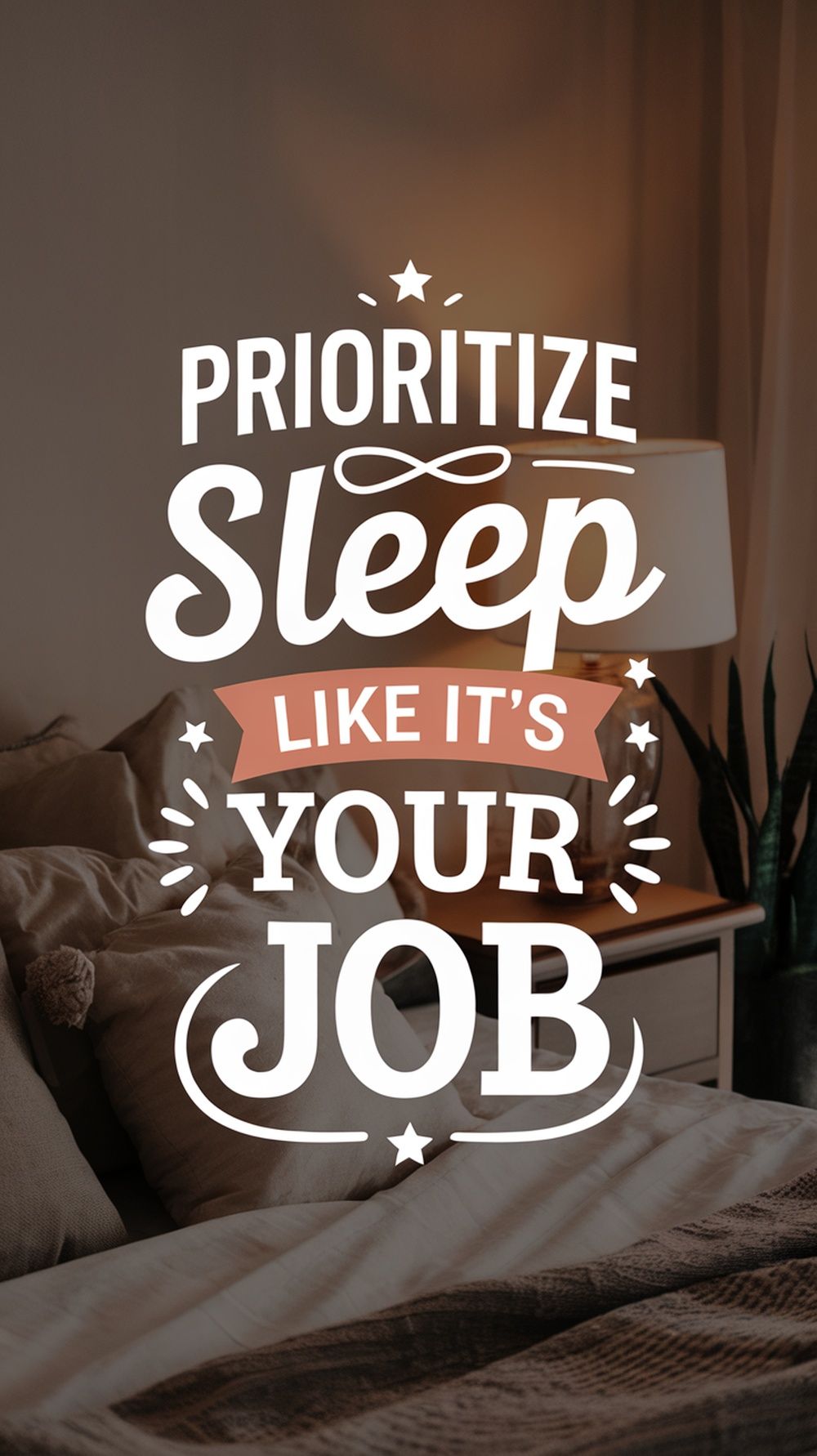 A cozy bedroom with dim lighting and a neatly made bed. A motivational quote in bold lettering says, Prioritize sleep like its your job, emphasizing how simple habits can improve mental health against the serene backdrop of the room.