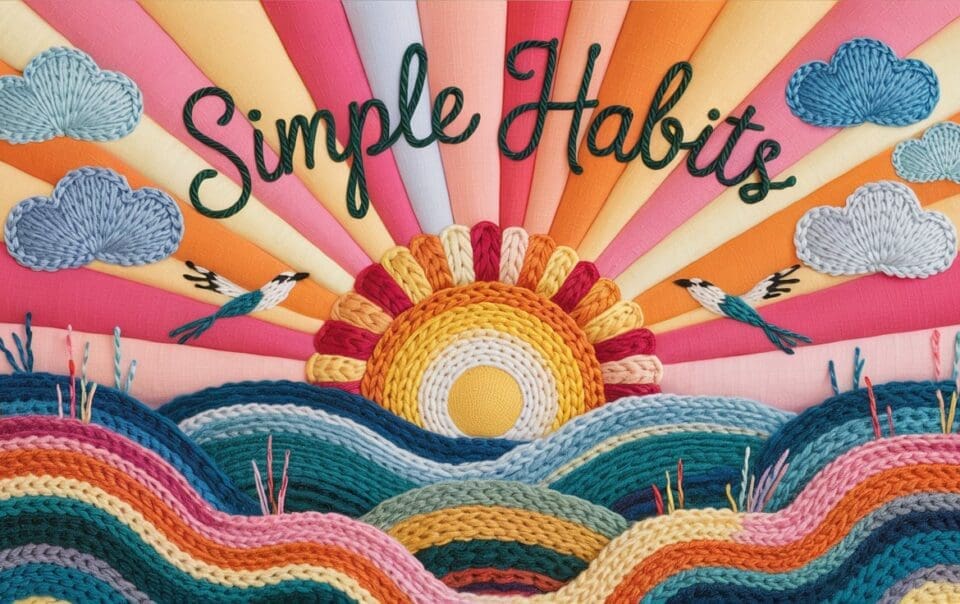 Text saying Simple Habits is surrounded by a vibrant, embroidered scene of a sun rising over colorful, wavy hills with clouds and two birds. This depiction, rich in shades of blue, pink, orange, and yellow stitching, embodies simple habits that improve mental health.