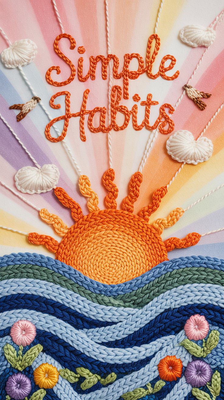 Vibrant embroidery art showcasing a radiant sun with orange rays, set above wavy blue patterns. Flowers bloom below while Simple Habits is stitched amid clouds and birds, all on a warm gradient background, promoting habits that improve mental health.