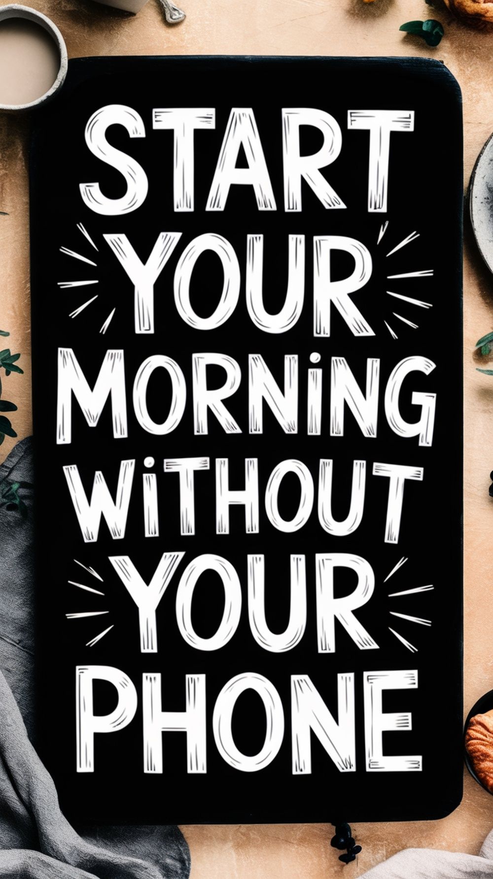 A sign on a table with decorative leaves displays the message: Start your morning without your phone in bold, white letters on a black background, promoting simple habits to improve mental health.