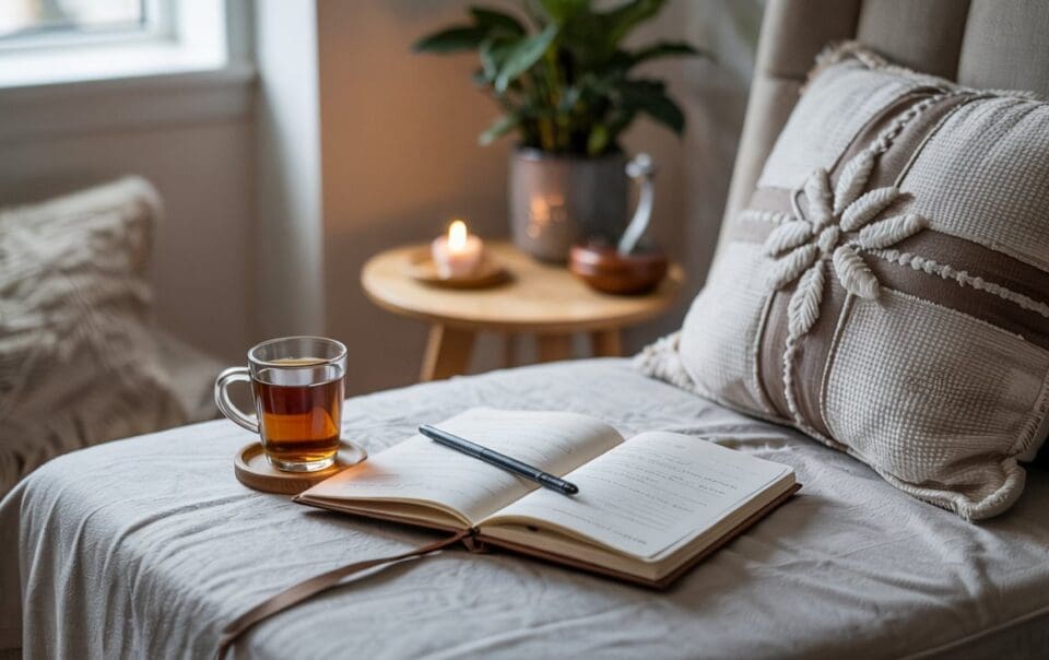 A cozy setting invites serenity with an open notebook and pen on a cushioned seat, a glass mug of tea on a coaster, and a lit candle casting gentle light. A potted plant enhances the peaceful atmosphere—perfect for harnessing the power of meditation.
