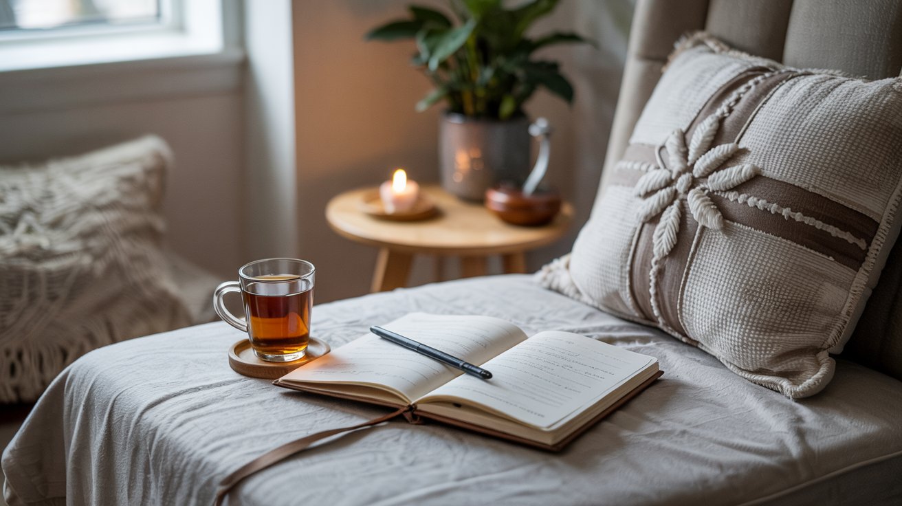 A cozy setting invites serenity with an open notebook and pen on a cushioned seat, a glass mug of tea on a coaster, and a lit candle casting gentle light. A potted plant enhances the peaceful atmosphere—perfect for harnessing the power of meditation.