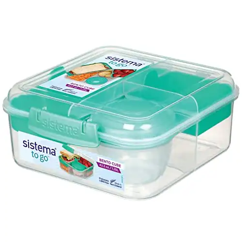Sistema Bento Box Lunch Box with 3 Compartments, 2 Removable Trays, Salad Dressing Container