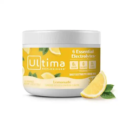 Ultima Replenisher Daily Electrolyte Powder Drink Mix Lemonade, 30 Servings Hydration Powder with 6 Key Electrolytes and Trace Minerals Keto Friendly, Vegan, Non-GMO and Sugar-Free