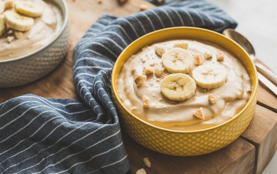 A yellow bowl filled with creamy banana pudding, topped with banana slices and cookie pieces, sits on a wooden surface next to a blue and white striped cloth. A spoon and another bowl are in the background.