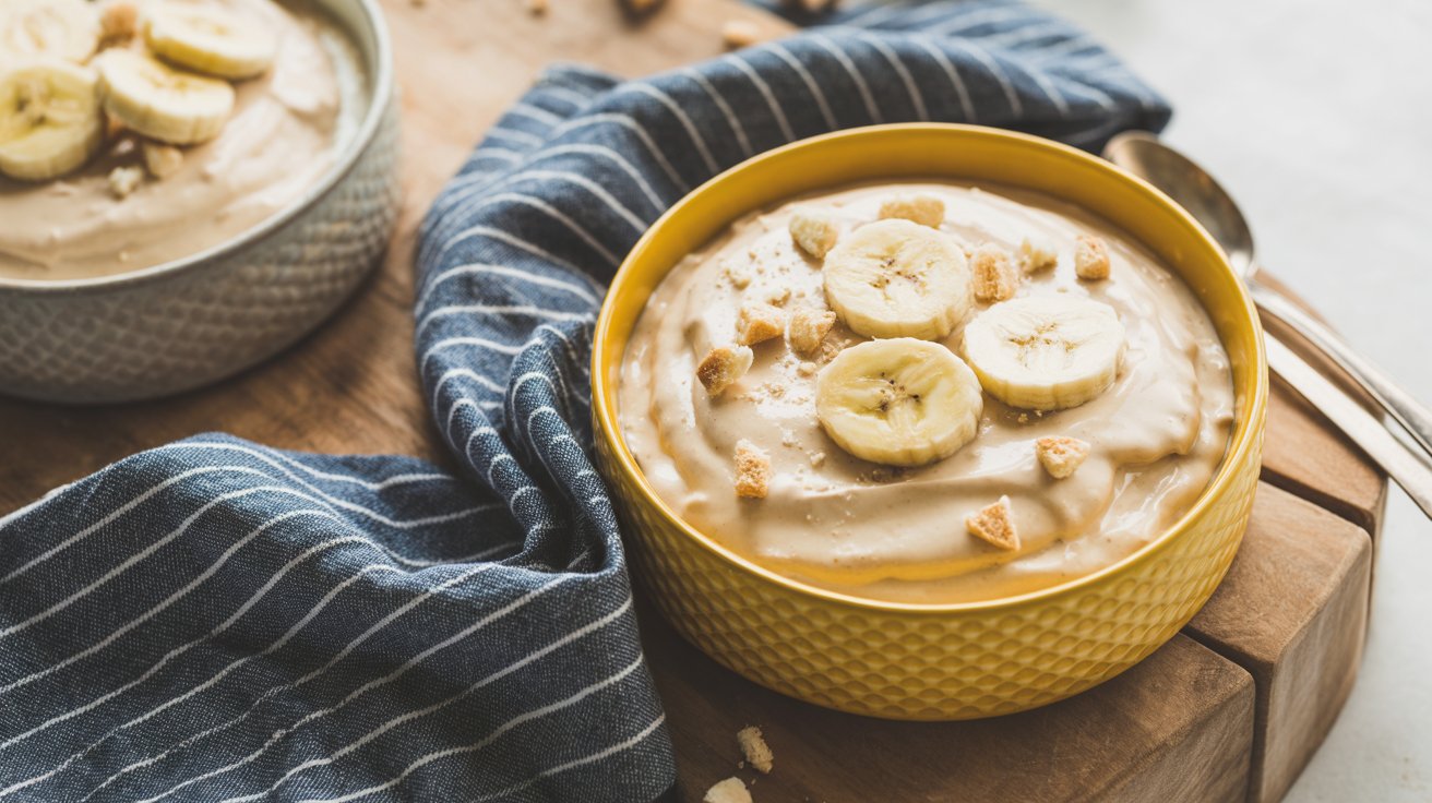 A yellow bowl filled with creamy banana pudding, topped with banana slices and cookie pieces, sits on a wooden surface next to a blue and white striped cloth. A spoon and another bowl are in the background.