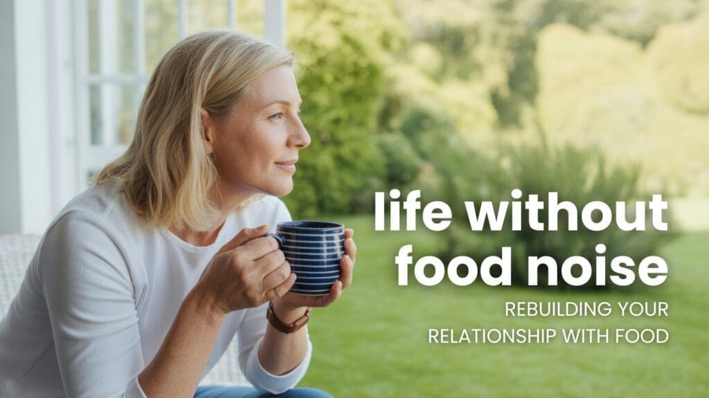 A woman with blonde hair sits outside holding a striped mug, looking thoughtfully into the distance. Text reads: life without food noise. Rebuilding your relationship with food and finding peace in a green garden background.