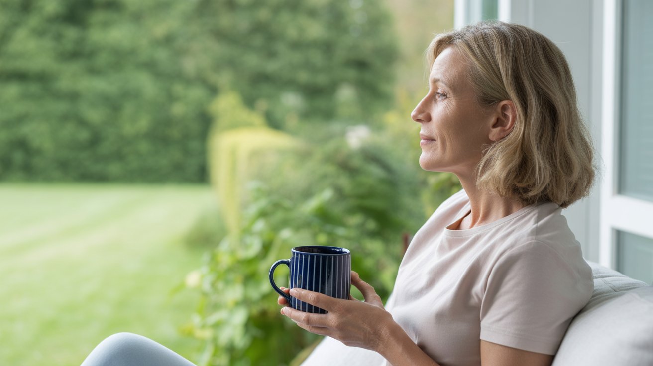 A woman with short blonde hair sits on a porch holding a blue mug, looking thoughtfully into the distance, perhaps reflecting on her relationship with food. Green trees and a lawn are visible in the background.