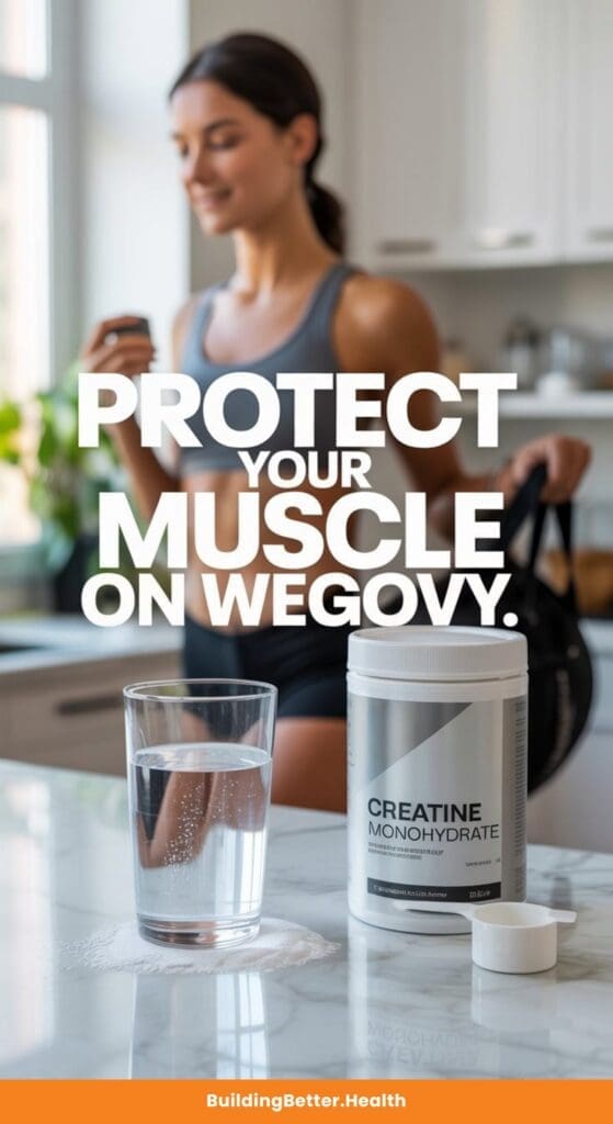 A container of creatine, a glass of water, and spilled powder sit on a kitchen counter. In the background, a woman in workout attire smiles with a shaker bottle. Text reads, Protect your muscle with creatine while on Wegovy.
