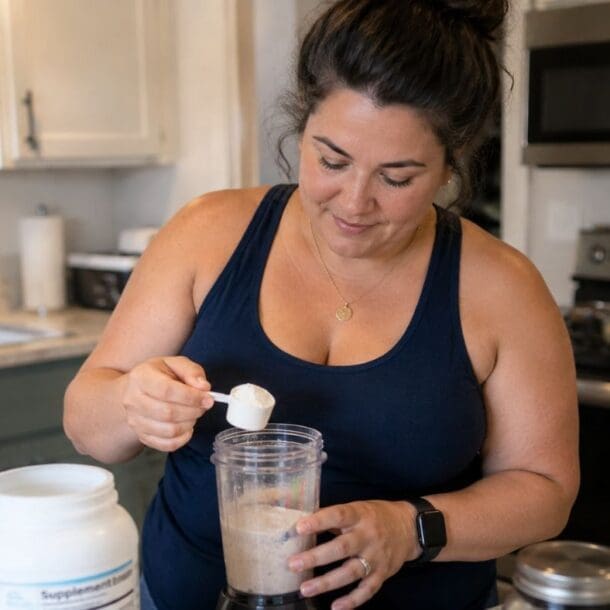 A woman in a navy tank top stands in a kitchen, smiling as she adds a scoop of supplement powder—packed with 100 grams of protein—to a blender cup. Various containers and bananas are on the counter beside her.