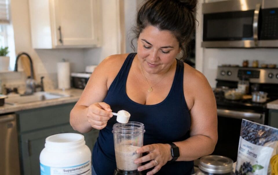 A woman in a navy tank top stands in a kitchen, smiling as she adds a scoop of supplement powder—packed with 100 grams of protein—to a blender cup. Various containers and bananas are on the counter beside her.