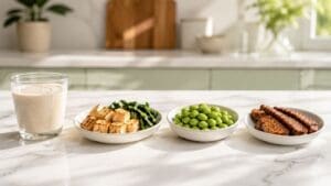 A glass of smoothie, a bowl of tofu and greens, a bowl of edamame, and a bowl of tempeh strips—each an excellent source of vegan protein on Zepbound—are arranged on a white marble kitchen counter with blurred plants and sunlight in the background.