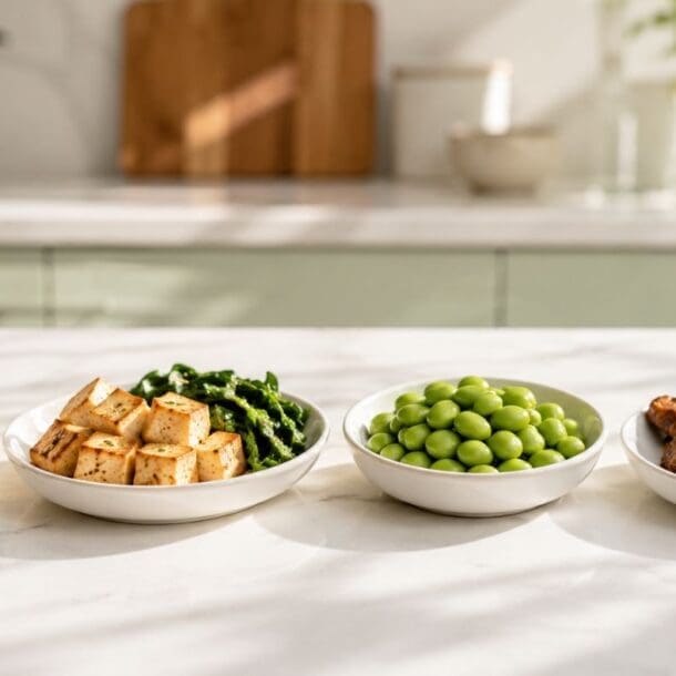 A glass of smoothie, a bowl of tofu and greens, a bowl of edamame, and a bowl of tempeh strips—each an excellent source of vegan protein on Zepbound—are arranged on a white marble kitchen counter with blurred plants and sunlight in the background.