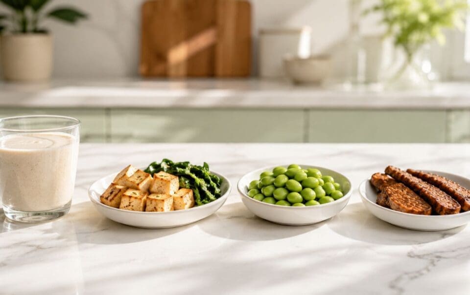 A glass of smoothie, a bowl of tofu and greens, a bowl of edamame, and a bowl of tempeh strips—each an excellent source of vegan protein on Zepbound—are arranged on a white marble kitchen counter with blurred plants and sunlight in the background.