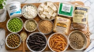 A wooden board with bowls and packages of high-protein foods—perfect vegetarian protein for GLP-1 support—including Greek yogurt, tofu, edamame, hemp seeds, cottage cheese, chickpeas, TVP, seitan, lentils, and two types of penne pasta, displayed on a marble surface.