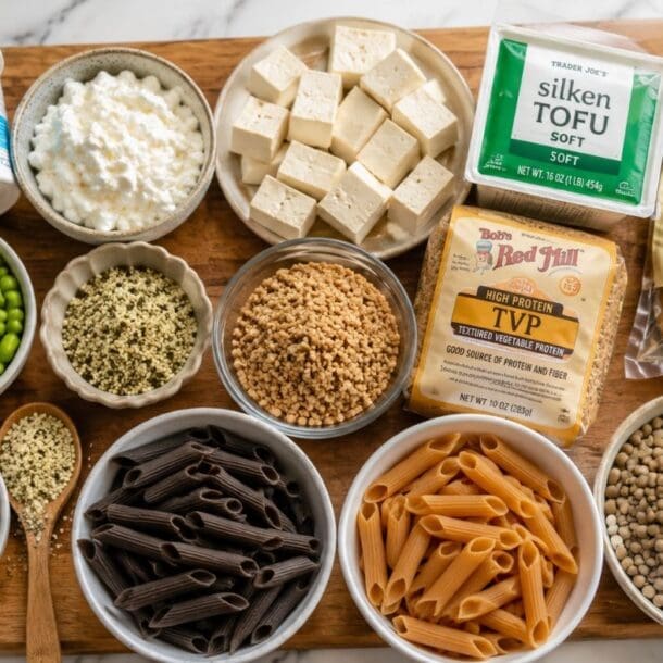 A wooden board with bowls and packages of high-protein foods—perfect vegetarian protein for GLP-1 support—including Greek yogurt, tofu, edamame, hemp seeds, cottage cheese, chickpeas, TVP, seitan, lentils, and two types of penne pasta, displayed on a marble surface.