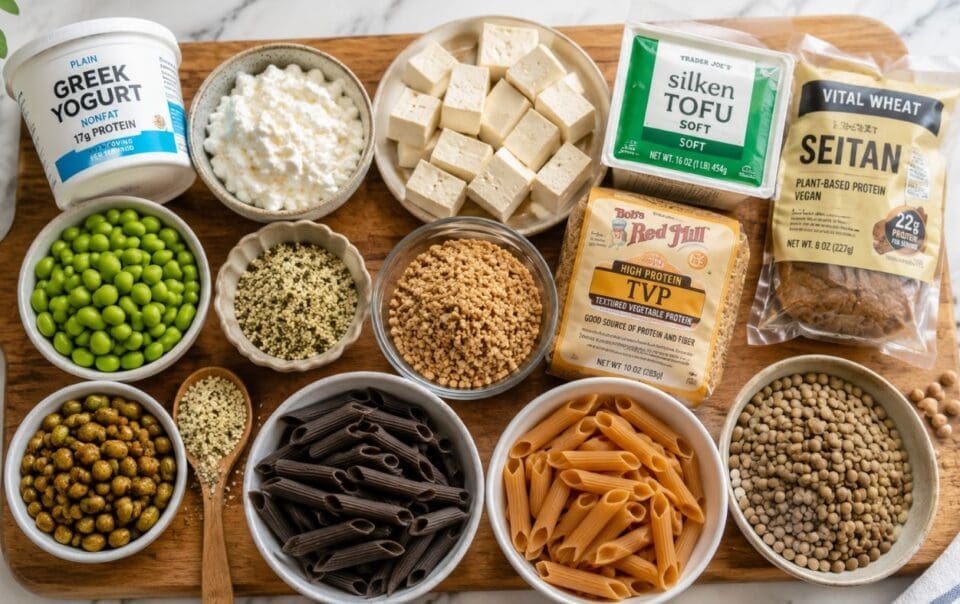 A wooden board with bowls and packages of high-protein foods—perfect vegetarian protein for GLP-1 support—including Greek yogurt, tofu, edamame, hemp seeds, cottage cheese, chickpeas, TVP, seitan, lentils, and two types of penne pasta, displayed on a marble surface.