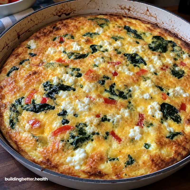 A baked frittata in a round pan, topped with spinach, red bell peppers, and crumbled cheese, makes one of the best easy cottage cheese recipes. The edges are golden brown, and the surface is dotted with colorful vegetables and creamy cheese.
