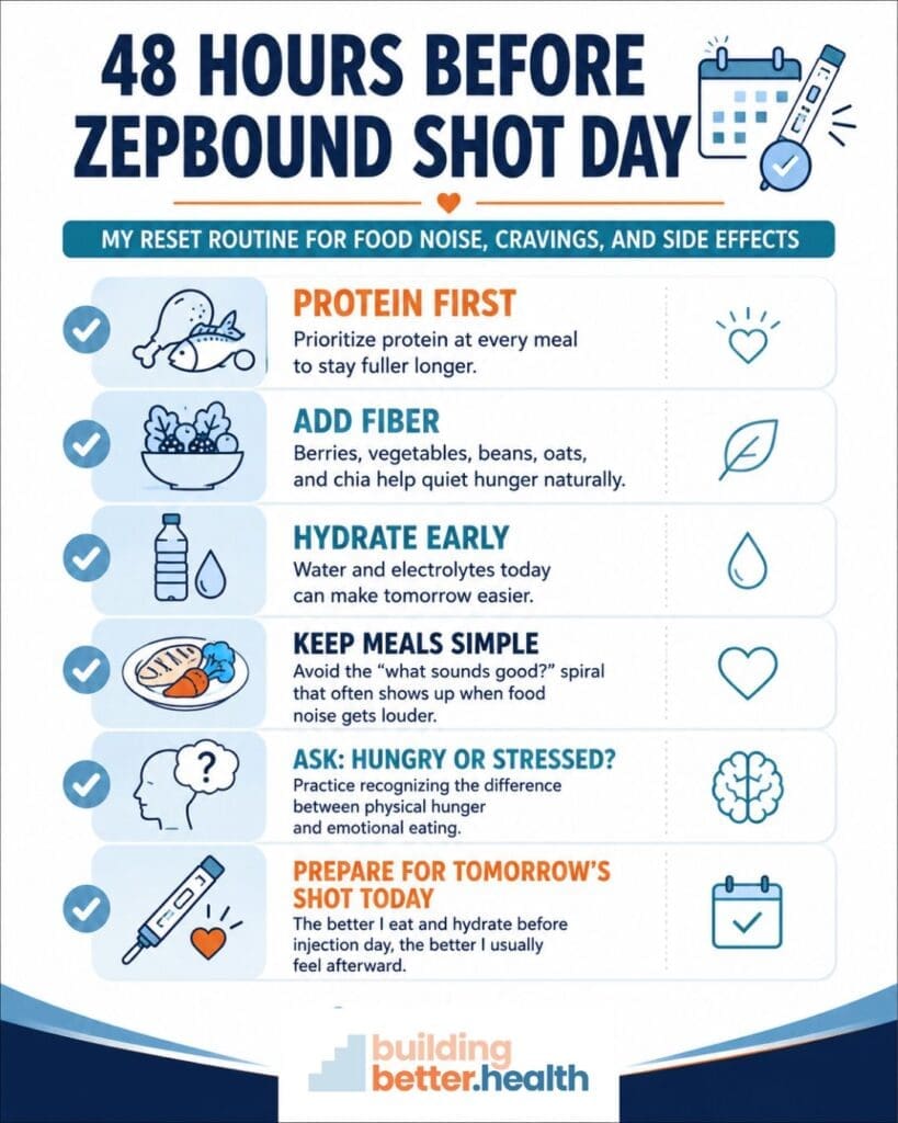 Infographic titled 48 Hours Before Zepbound Shot Day lists six tips: eat protein, add fiber, hydrate early, keep meals simple to help reduce Food Noise, notice hunger or stress, and prepare for tomorrow’s Zepbound Shot with good food and hydration.