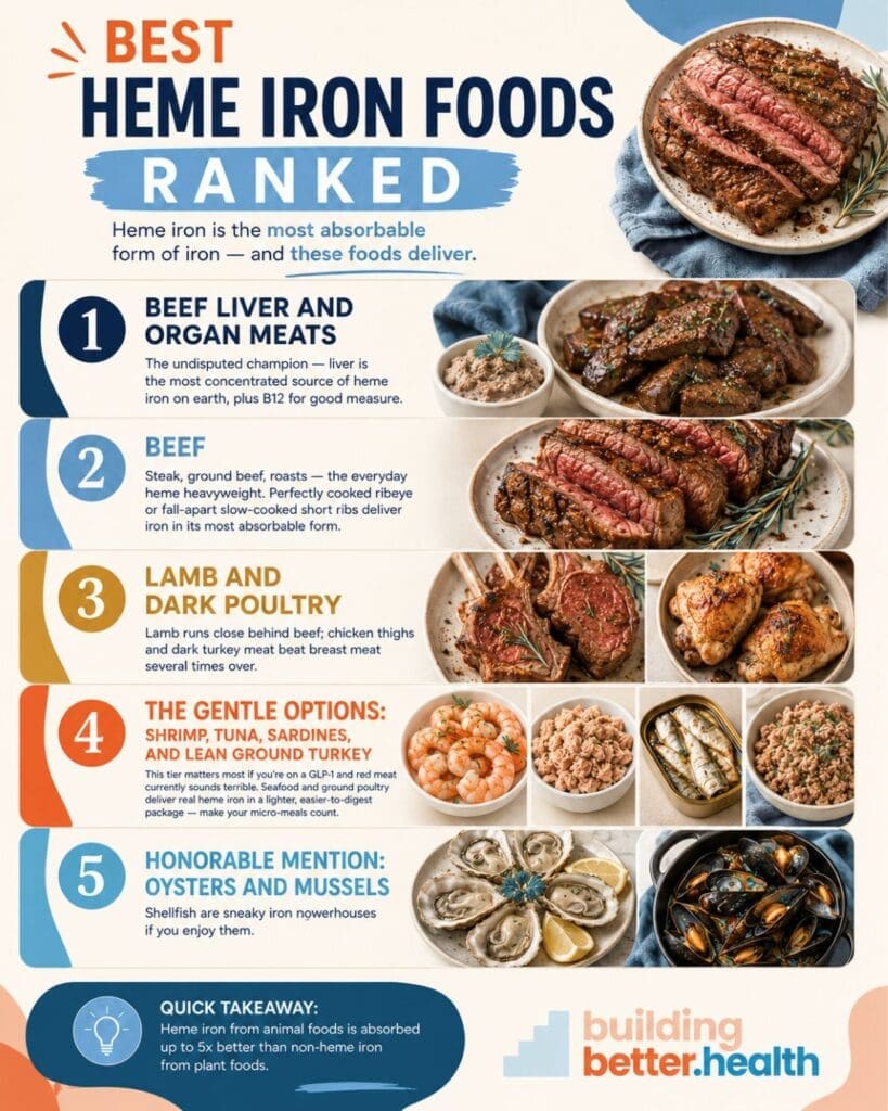 Infographic titled Best Heme Iron Foods Ranked compares heme vs non-heme iron, with images of cooked beef, liver, poultry, seafood, and shellfish. Top sources listed are beef liver, beef, lamb/poultry, shrimp/tuna/sardines/turkey, oysters/mussels.