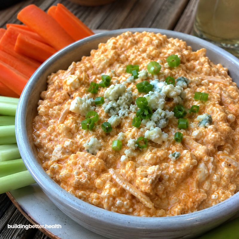A bowl of creamy orange dip, inspired by easy cottage cheese recipes, topped with green onions and blue cheese, served with carrot and celery sticks on the side.