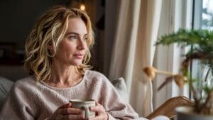 A woman with blonde hair sits by a window holding a mug, looking outside thoughtfully. She wears a light sweater, and soft natural light comes through the curtains, creating a calm atmosphere—perfect for reflecting on building good habits and embracing positive change in her daily routine.