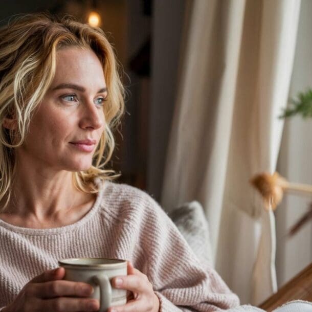 A woman with blonde hair sits by a window holding a mug, looking outside thoughtfully. She wears a light sweater, and soft natural light comes through the curtains, creating a calm atmosphere—perfect for reflecting on building good habits and embracing positive change in her daily routine.