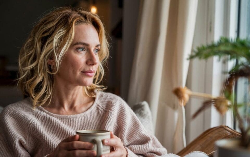 A woman with blonde hair sits by a window holding a mug, looking outside thoughtfully. She wears a light sweater, and soft natural light comes through the curtains, creating a calm atmosphere—perfect for reflecting on building good habits and embracing positive change in her daily routine.