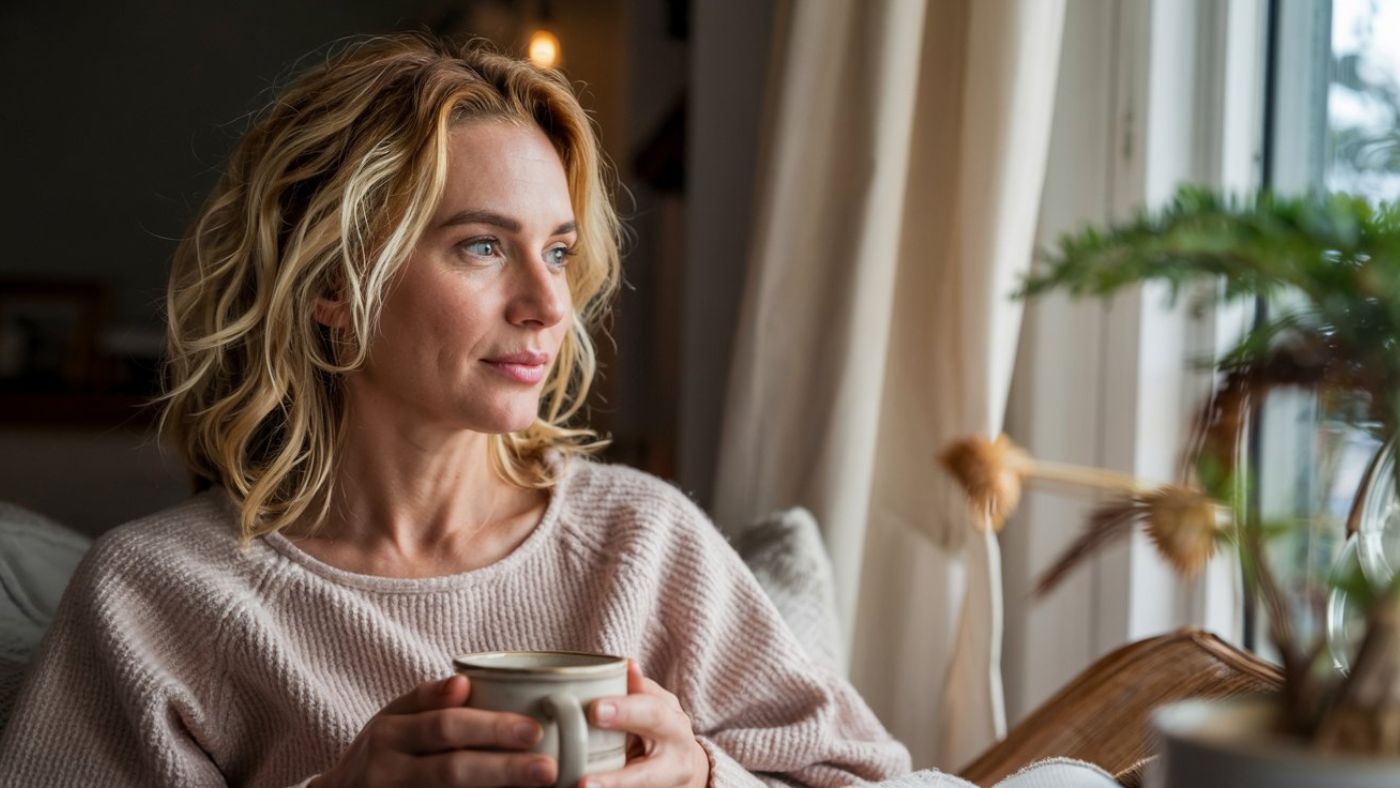 A woman with blonde hair sits by a window holding a mug, looking outside thoughtfully. She wears a light sweater, and soft natural light comes through the curtains, creating a calm atmosphere—perfect for reflecting on building good habits and embracing positive change in her daily routine.