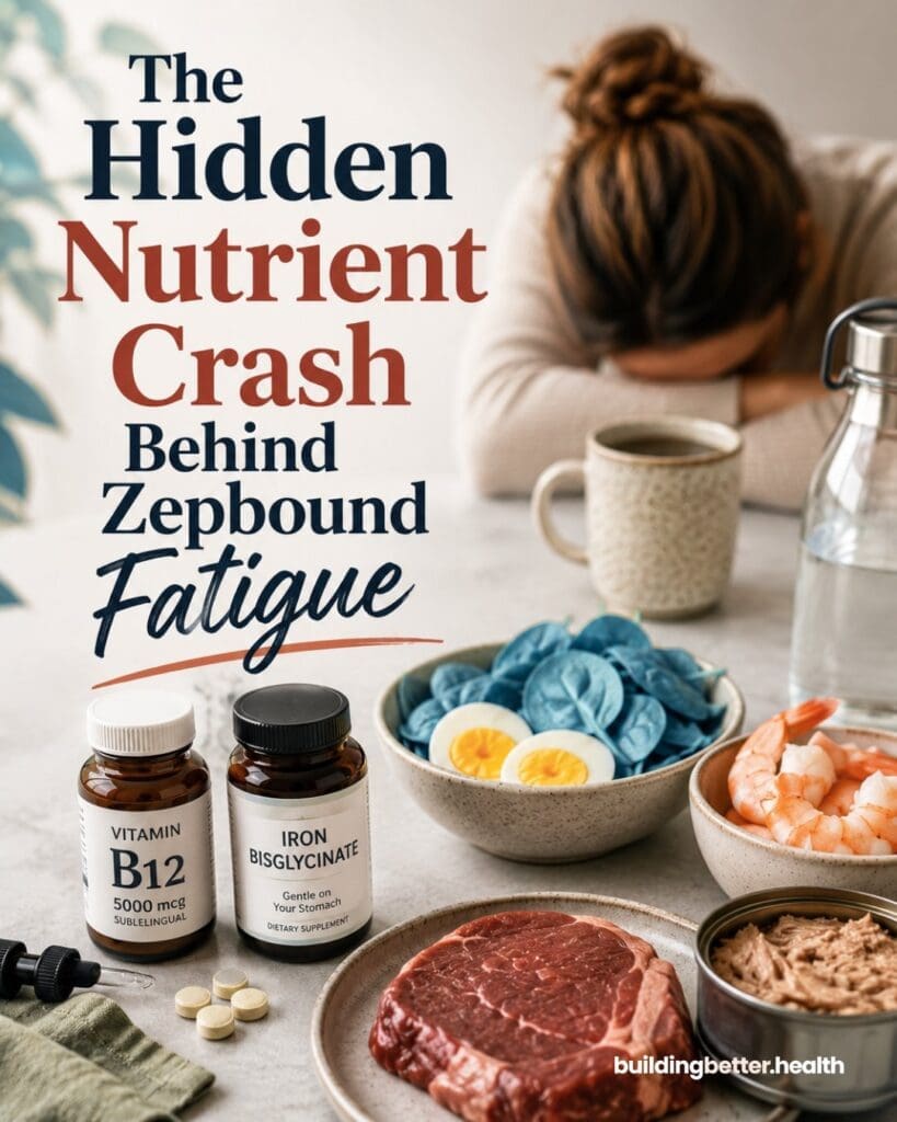 A tired woman with her head down sits at a table with nutrient-rich foods—steak, eggs, shrimp, nuts, and supplements labeled Vitamin B12 and Iron Bisglycinate. Text reads: "The Hidden Nutrient Crash Behind Zepbound Fatigue.