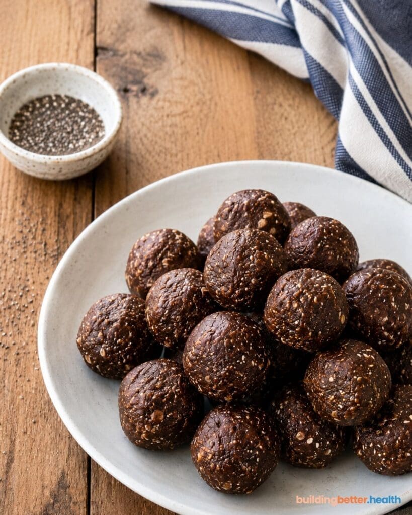 A plate of high fiber chocolate protein balls sits on a wooden table next to a small bowl of chia seeds and a blue-and-white striped cloth.